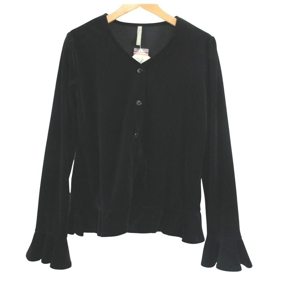 Hanna Andersson Women's Velvet Button Up Ruffle Long Sleeve Shirt size XS Black